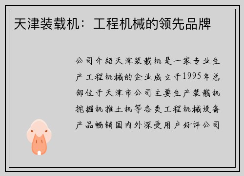 天津装载机：工程机械的领先品牌